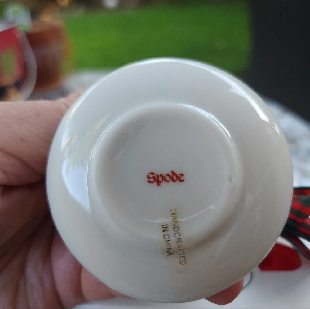 Spode Christmas Tree Teacup Ornament with Red and Green Plaid Bow - Picture 4 of 10